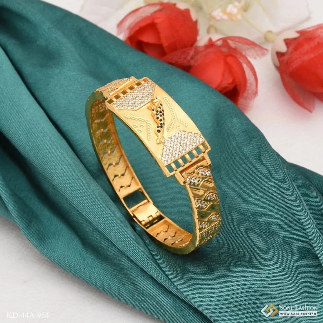 1 Gram Gold Forming jaguar with Diamond Antique Design Kada for Men - Style A954