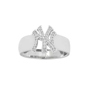 14K Solid White Gold Diamond NY Yankee Ring 0.7 Ctw