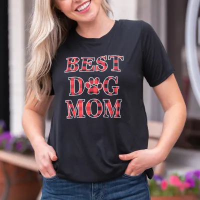 Buffalo Plaid Best Dog Mom on Black Crewneck Tee