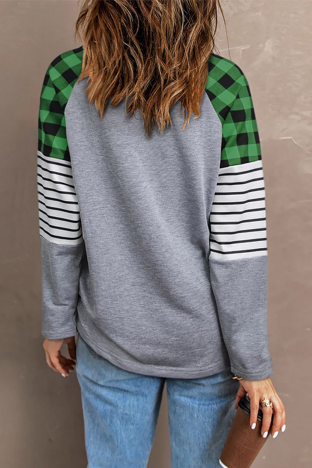 Green Lucky Plaid Heart Striped Color Block Long Sleeve Top