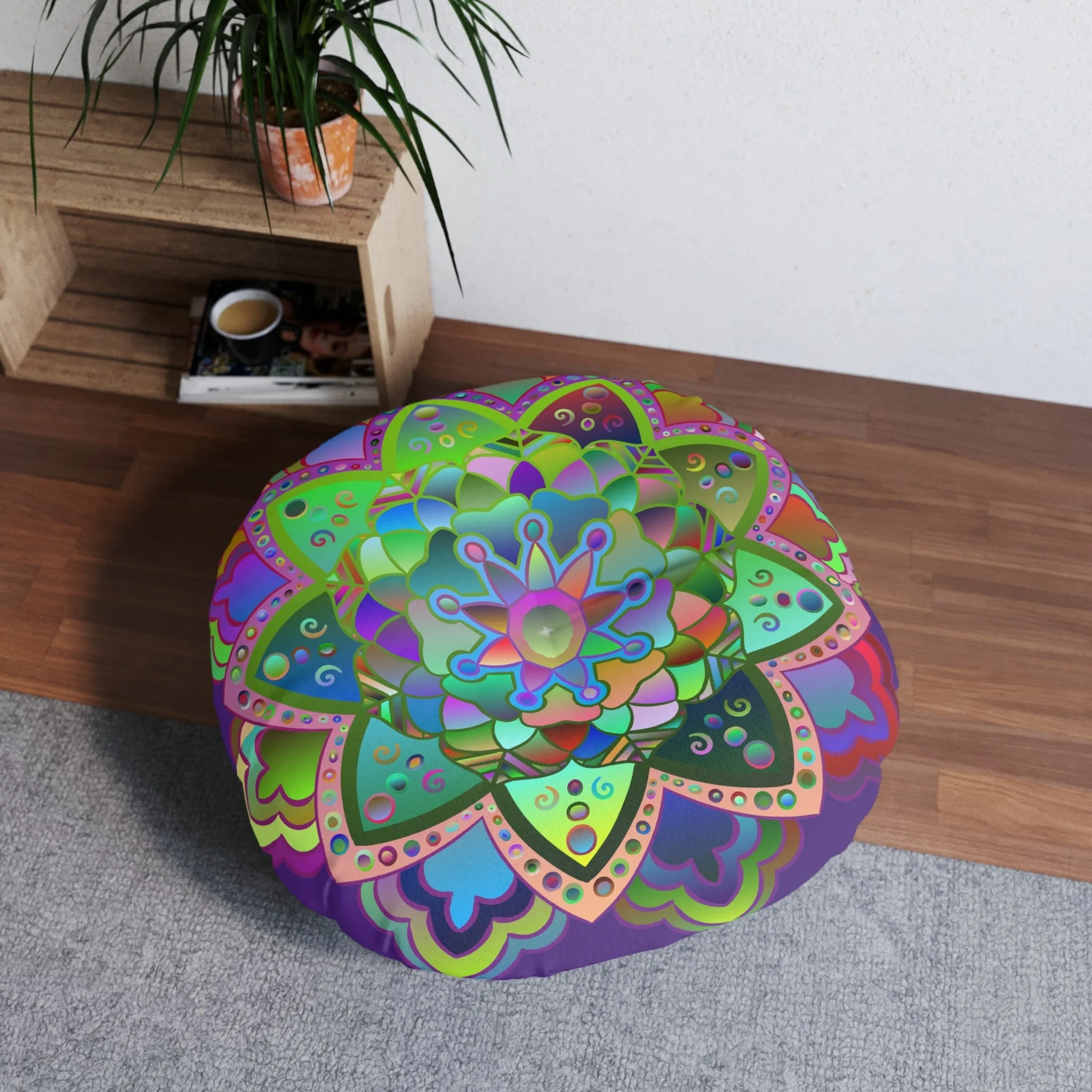 Hand Drawn Mandala Art Tufted Floor Cushion - Beautiful Round Pillow