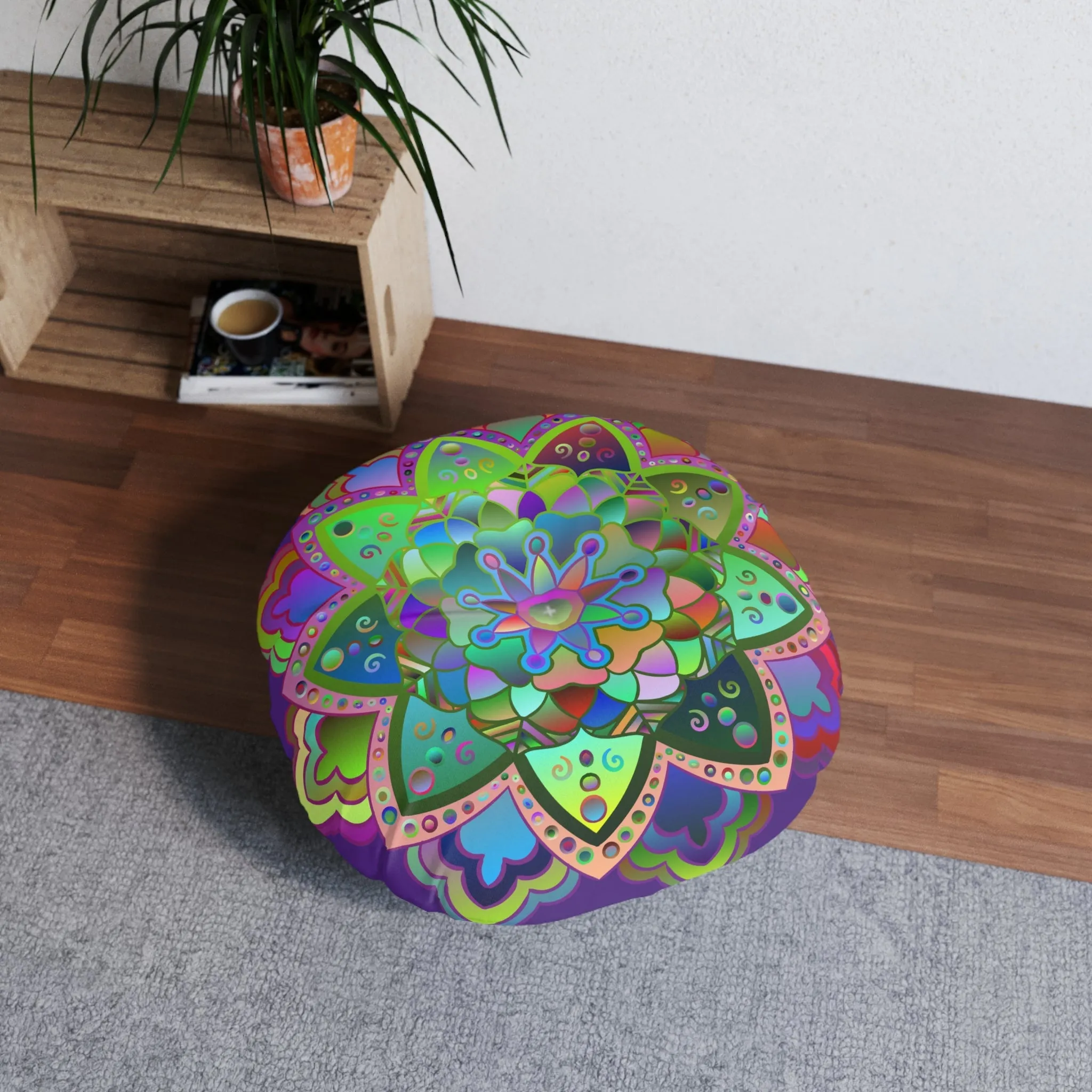 Hand Drawn Mandala Art Tufted Floor Cushion - Beautiful Round Pillow