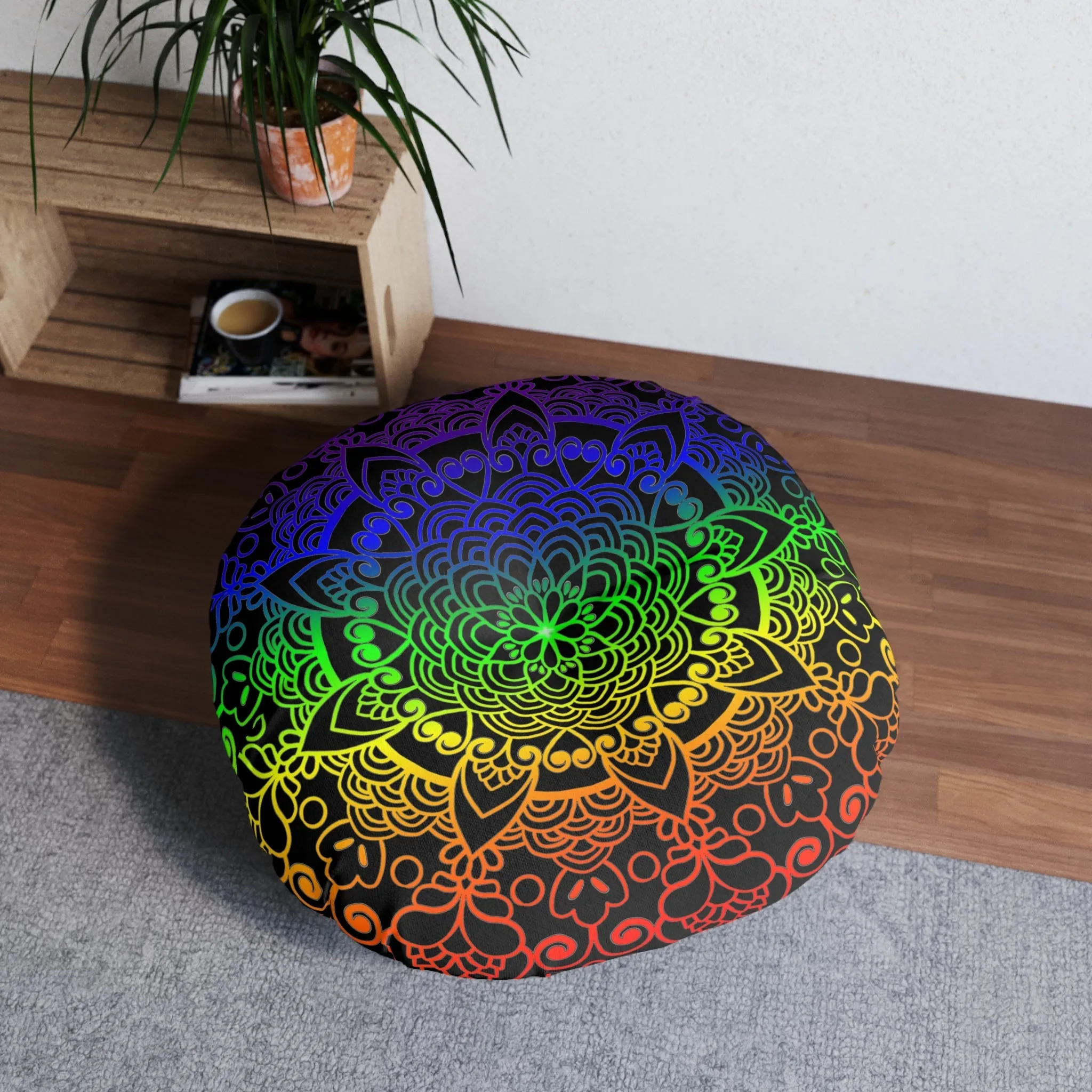 Handmade Mandala Art Floor Cushion - Rainbow Design Tufted Pillow