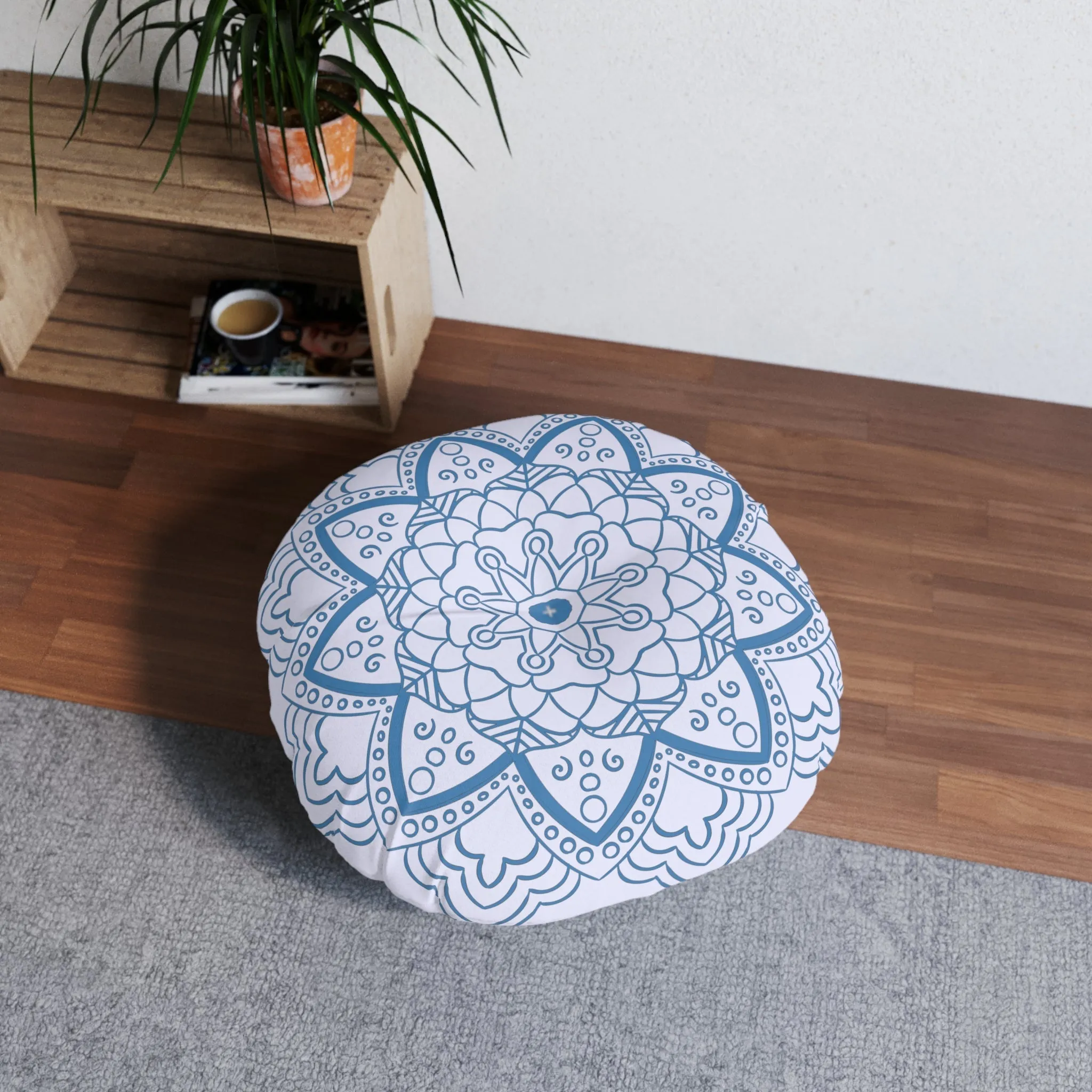 Handmade Mandala Art Floor Cushion - Steel Blue on Lavender - Drawn by Hand - Tufted Round Pillow