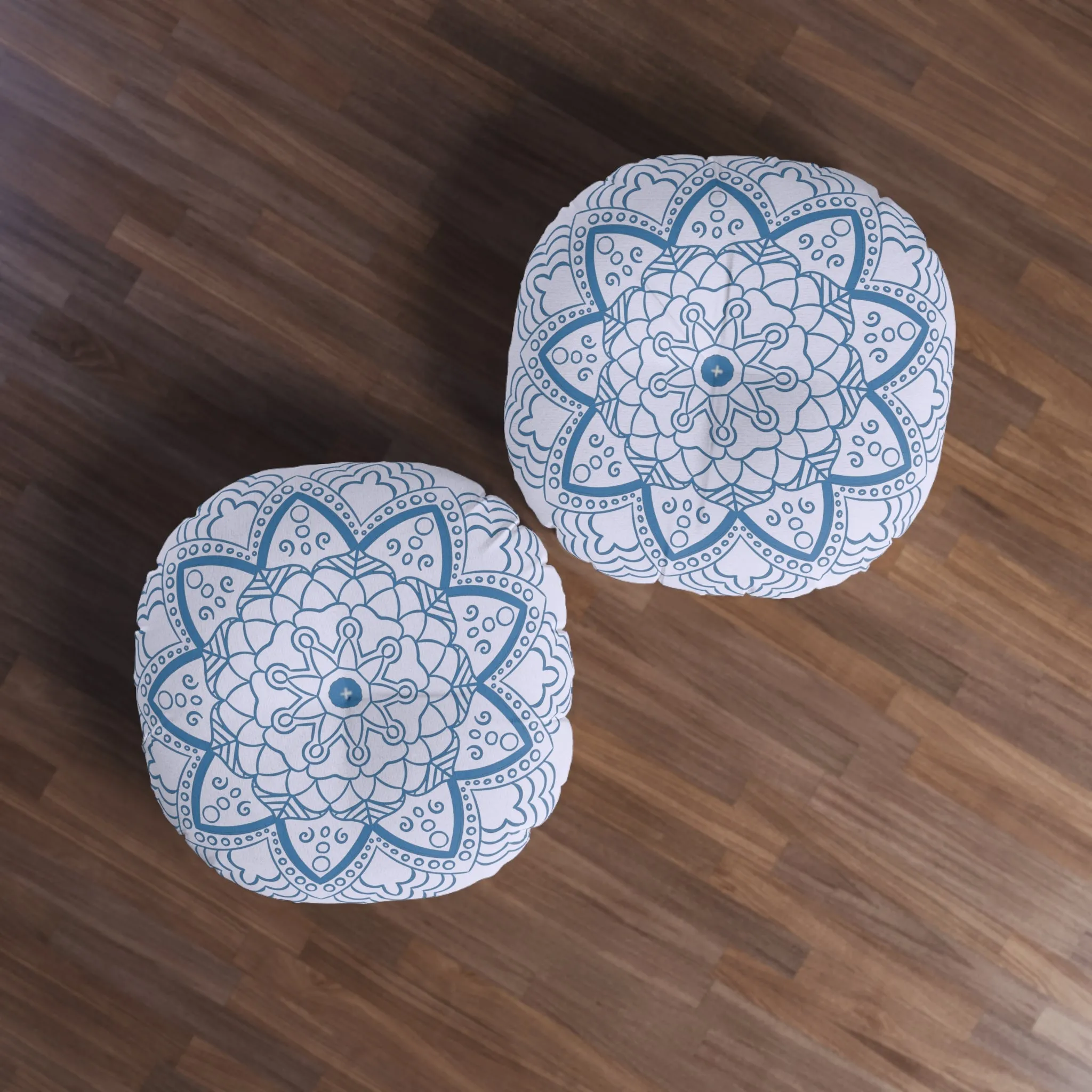 Handmade Mandala Art Floor Cushion - Steel Blue on Lavender - Drawn by Hand - Tufted Round Pillow