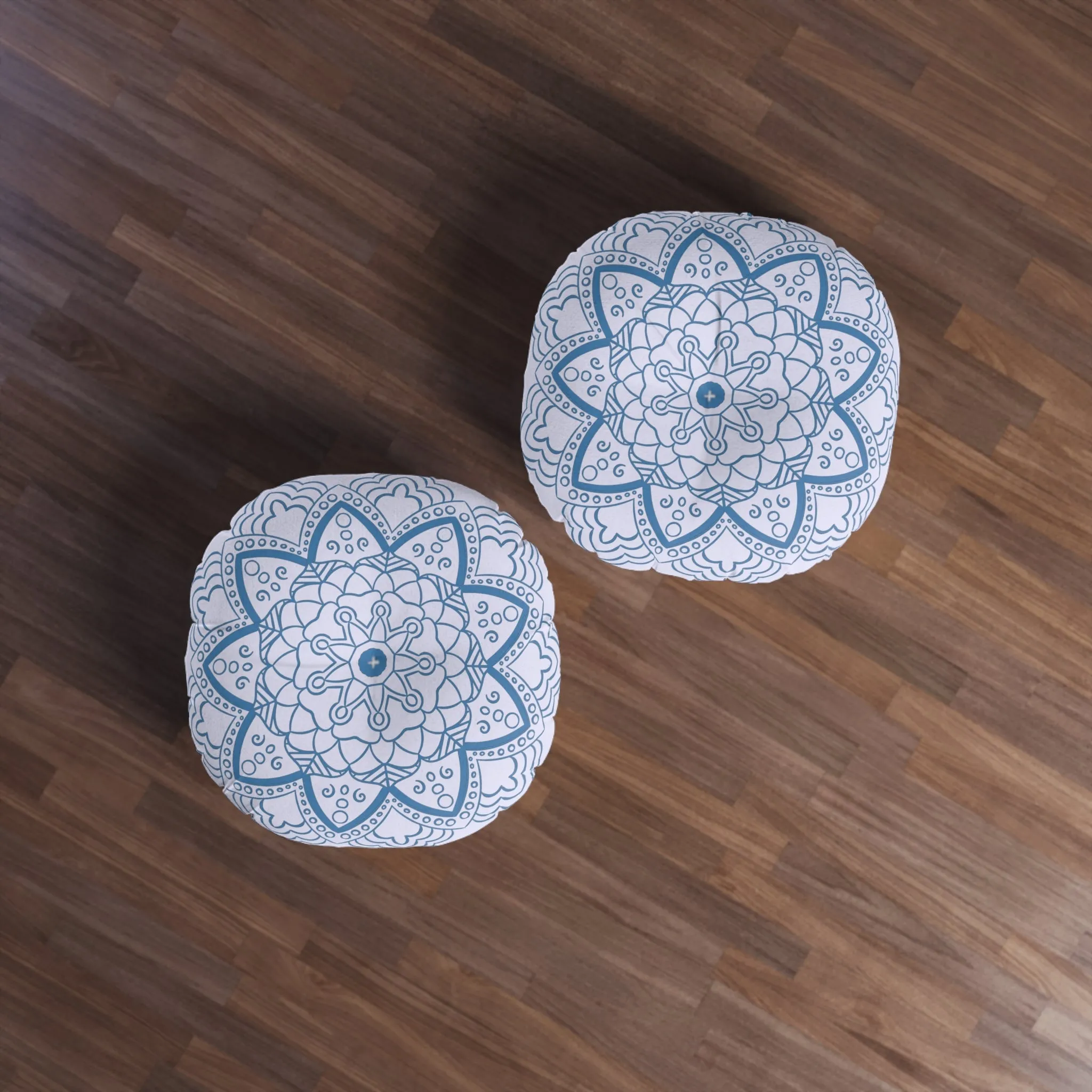 Handmade Mandala Art Floor Cushion - Steel Blue on Lavender - Drawn by Hand - Tufted Round Pillow