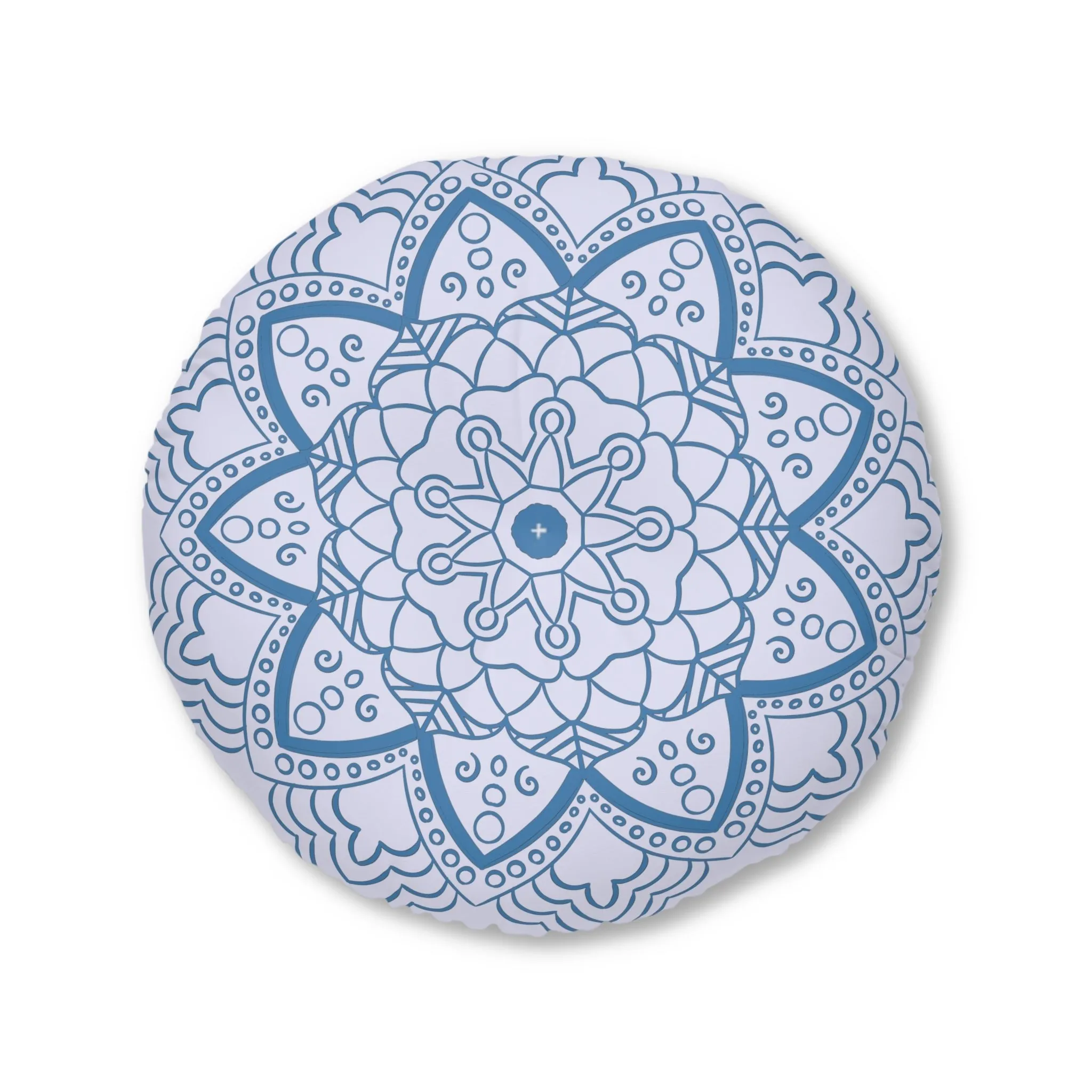 Handmade Mandala Art Floor Cushion - Steel Blue on Lavender - Drawn by Hand - Tufted Round Pillow