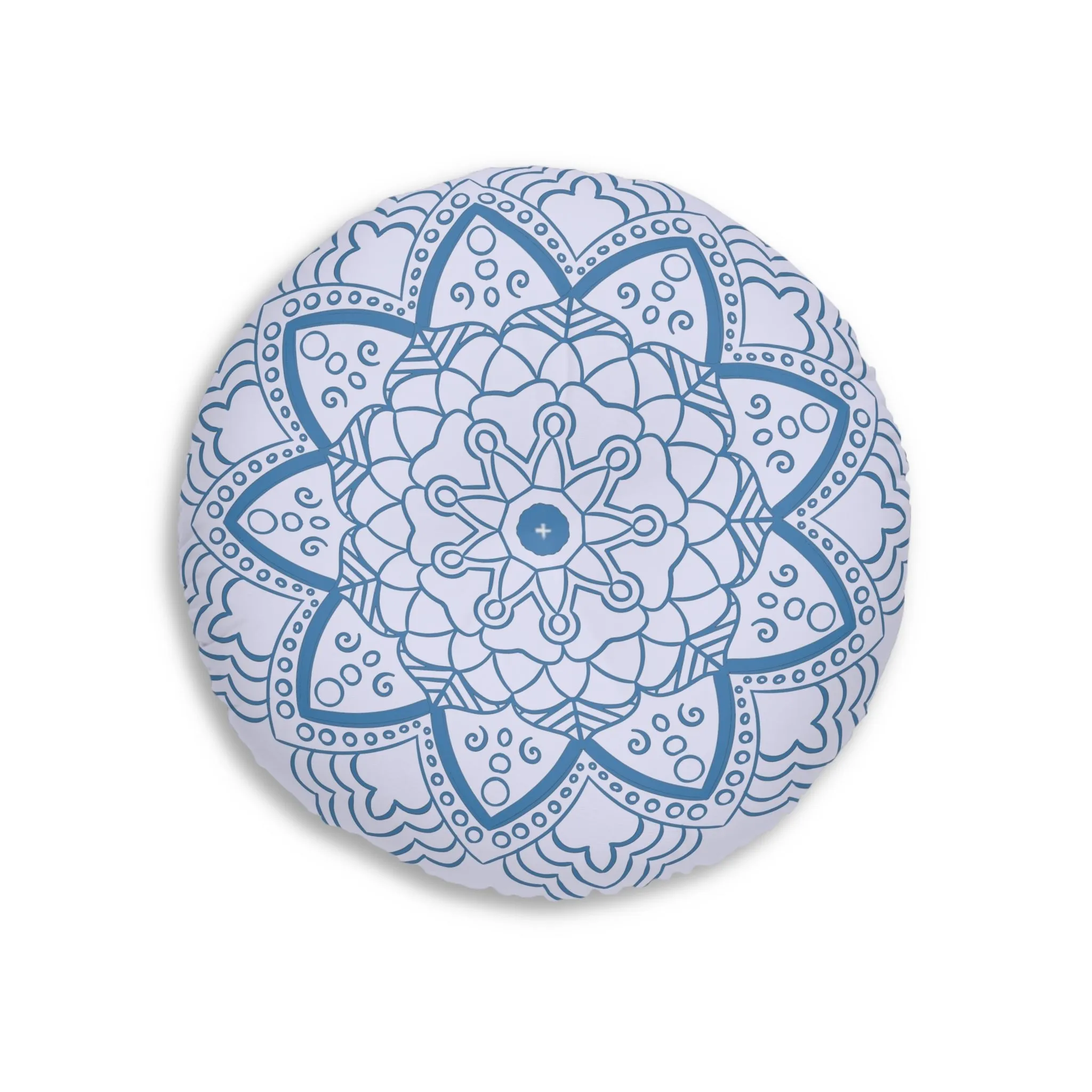 Handmade Mandala Art Floor Cushion - Steel Blue on Lavender - Drawn by Hand - Tufted Round Pillow