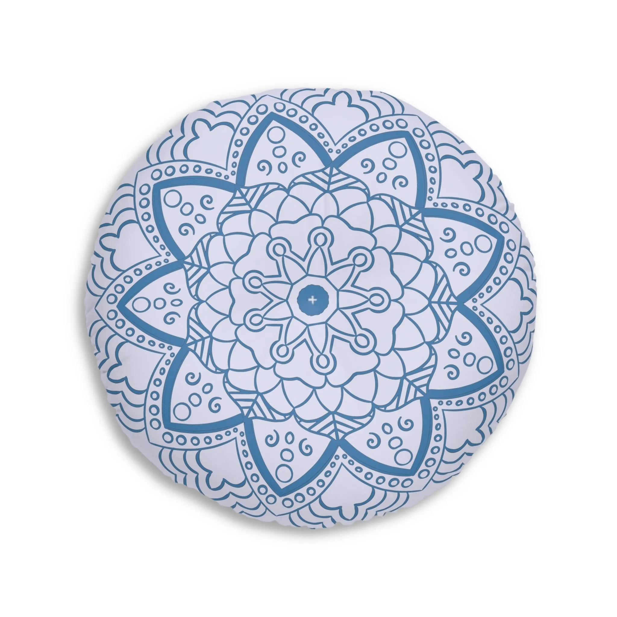 Handmade Mandala Art Floor Cushion - Steel Blue on Lavender - Drawn by Hand - Tufted Round Pillow