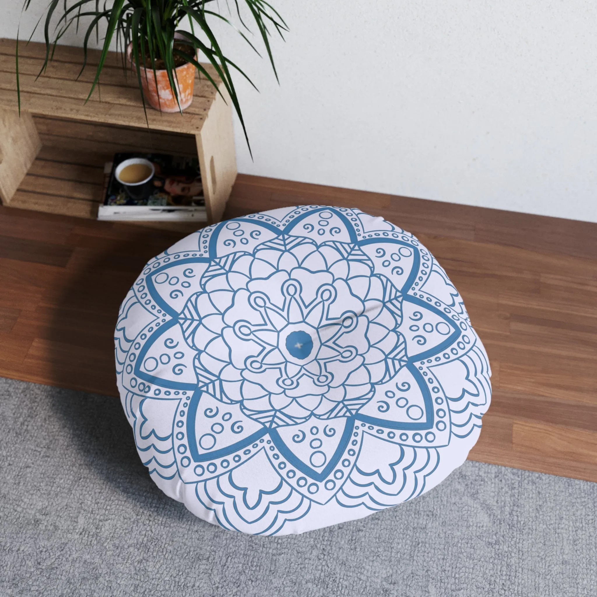 Handmade Mandala Art Floor Cushion - Steel Blue on Lavender - Drawn by Hand - Tufted Round Pillow