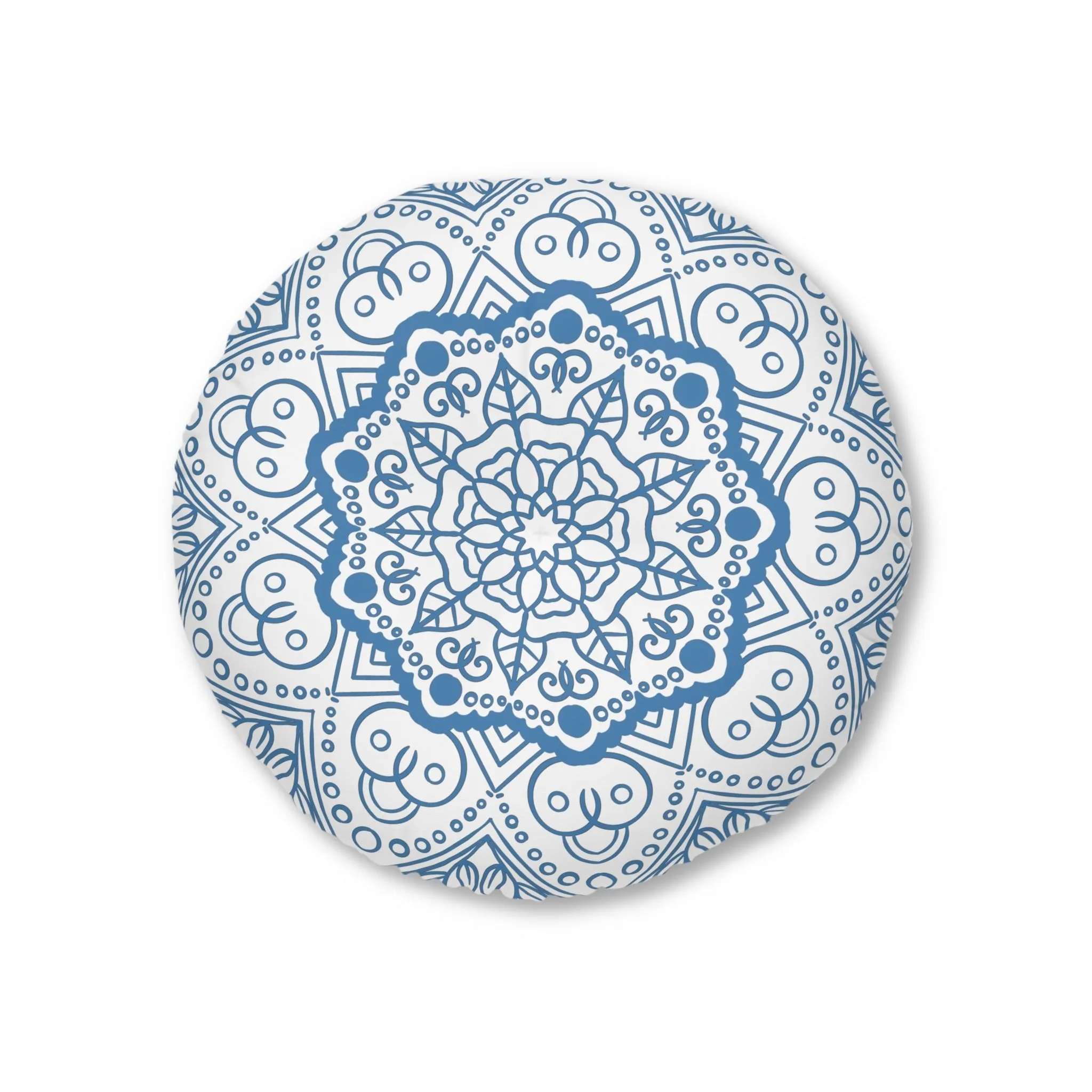 Handmade Mandala Art Floor Cushion - Steel Blue - Tufted Round Pillow