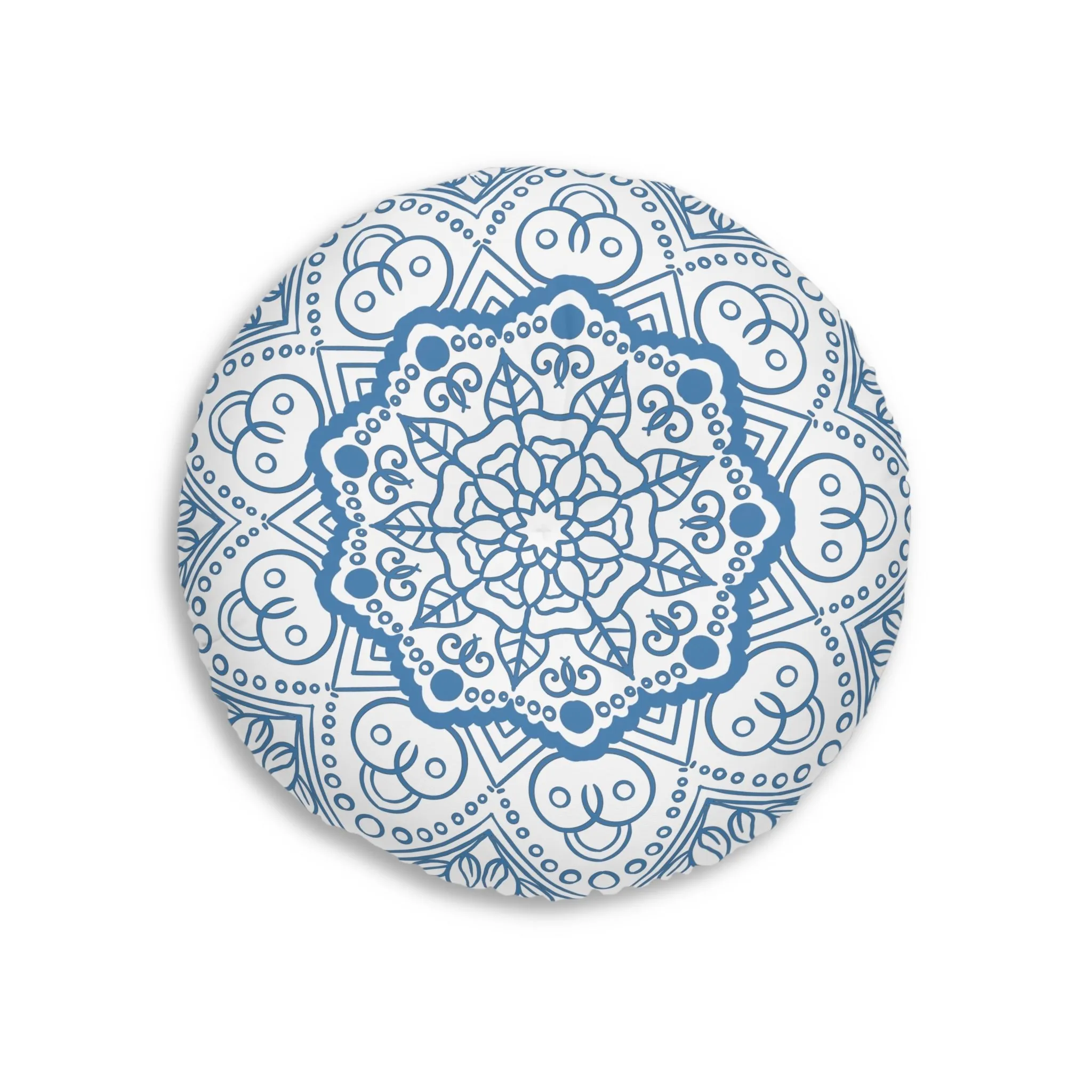 Handmade Mandala Art Floor Cushion - Steel Blue - Tufted Round Pillow