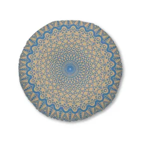 Handmade Mandala Art Steel Blue on Tan - Tufted Floor Pillow