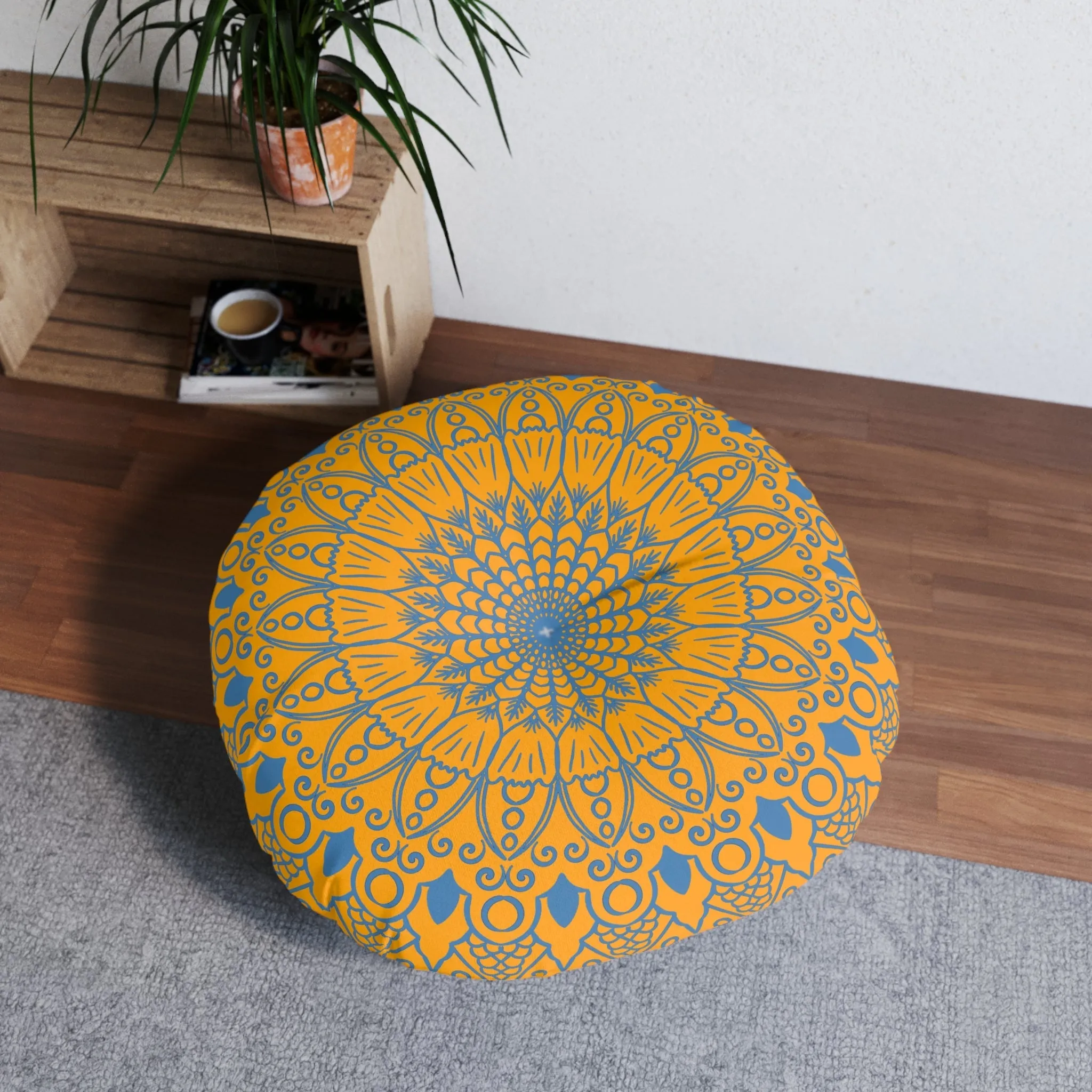 Handmade Mandala Art Steel Blue Round Floor Cushion