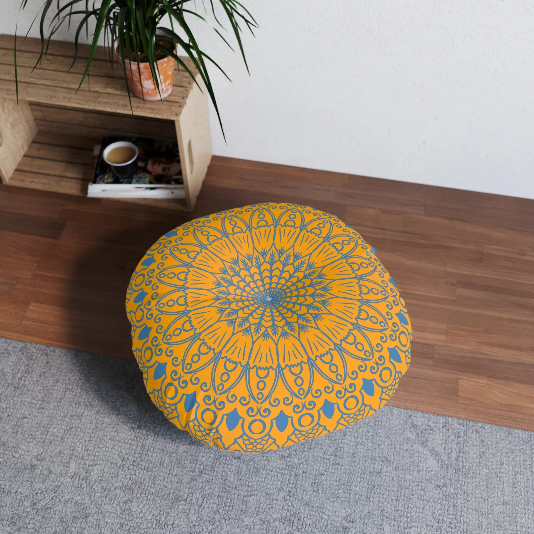 Handmade Mandala Art Steel Blue Round Floor Cushion