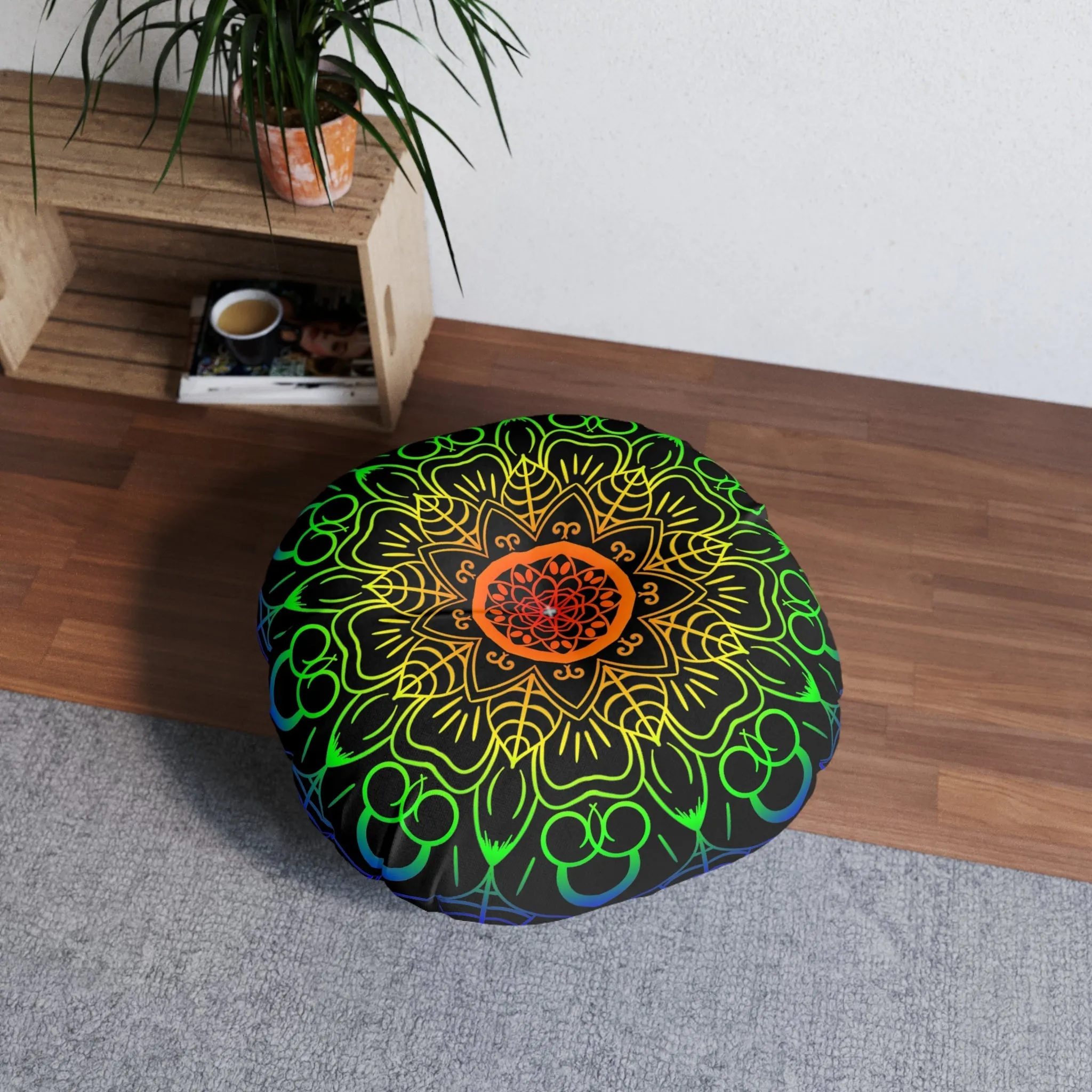 Handmade Mandala Art Tufted Floor Cushion - Rainbow on Black Background