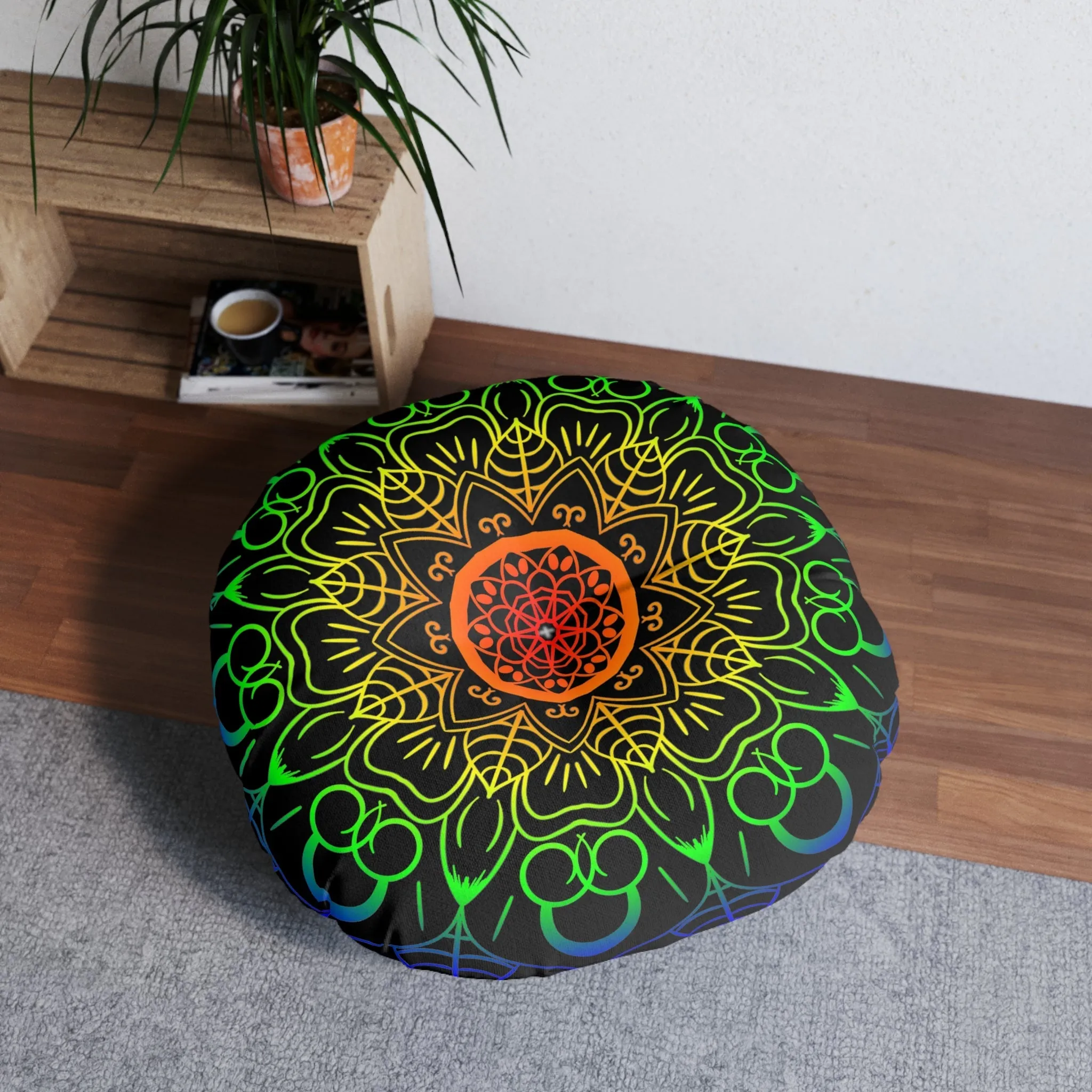 Handmade Mandala Art Tufted Floor Cushion - Rainbow on Black Background