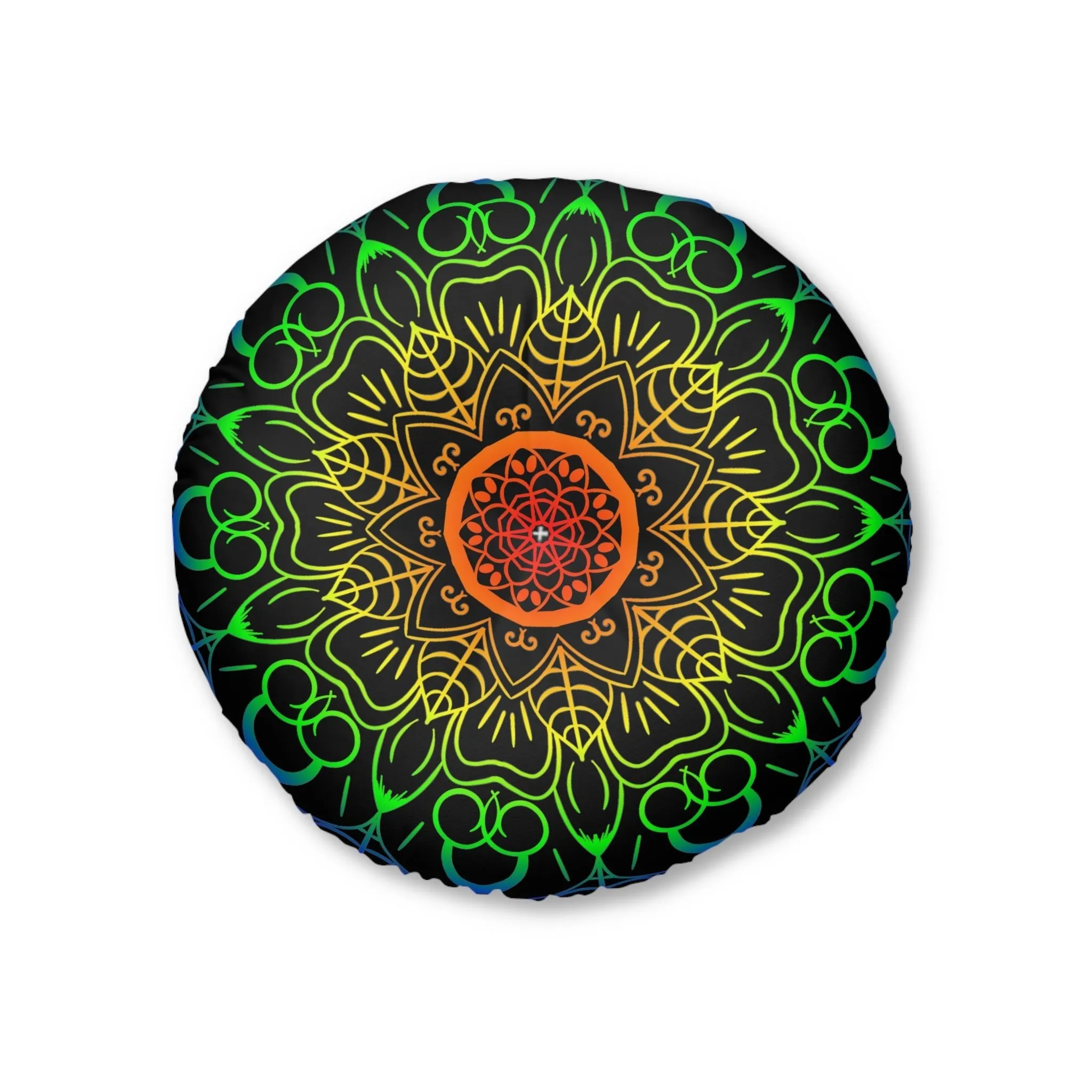 Handmade Mandala Art Tufted Floor Cushion - Rainbow on Black Background