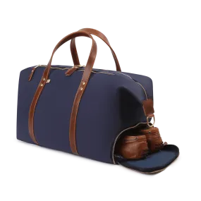 Hudson Sutler Large Canvas and Leather Duffel Bag- Midnight Navy/Whiskey Brown