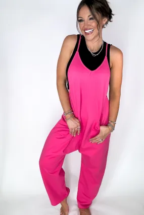 Jenny V-neck Hot Pink Baggy Knit Jumpsuit