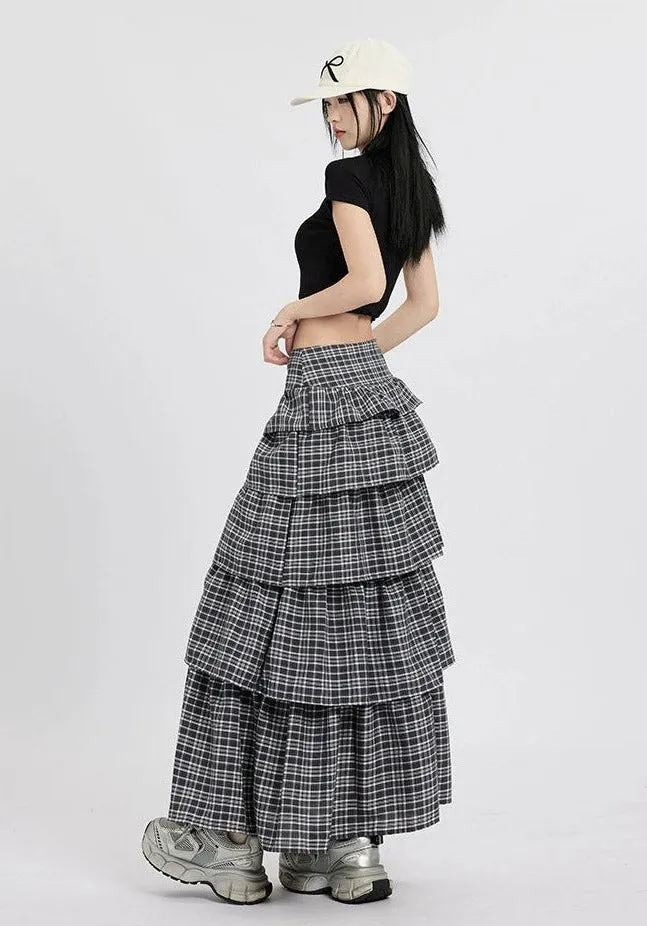 Layered Plaid Maxi Skirt with Ruffle Detail