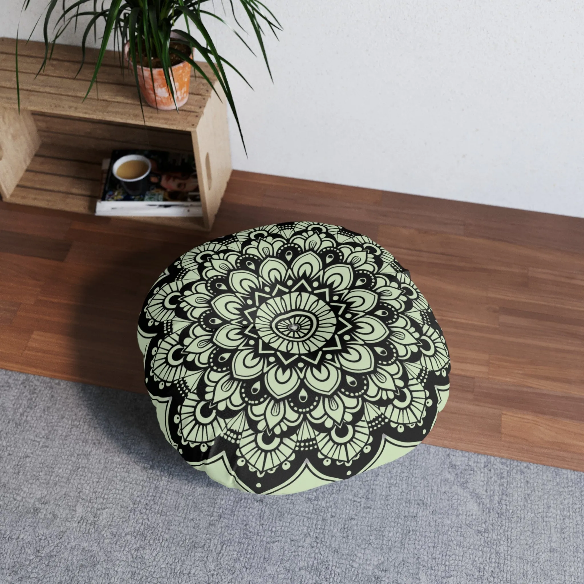 Light Teal Mandala Art Floor Cushion - Tufted Round Pillow