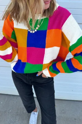 Orange Checkered Color Block Round Neck Loose Sweater