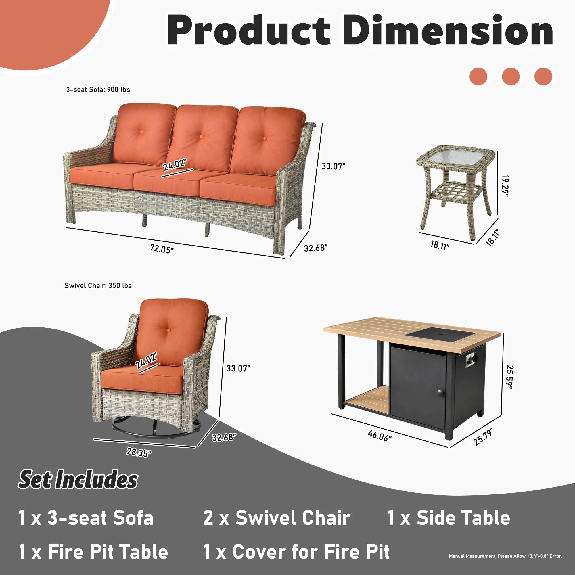 Ovios Conversation Set 5-Piece PAD Series include Rocking Chair & 47"Fire Pit Table