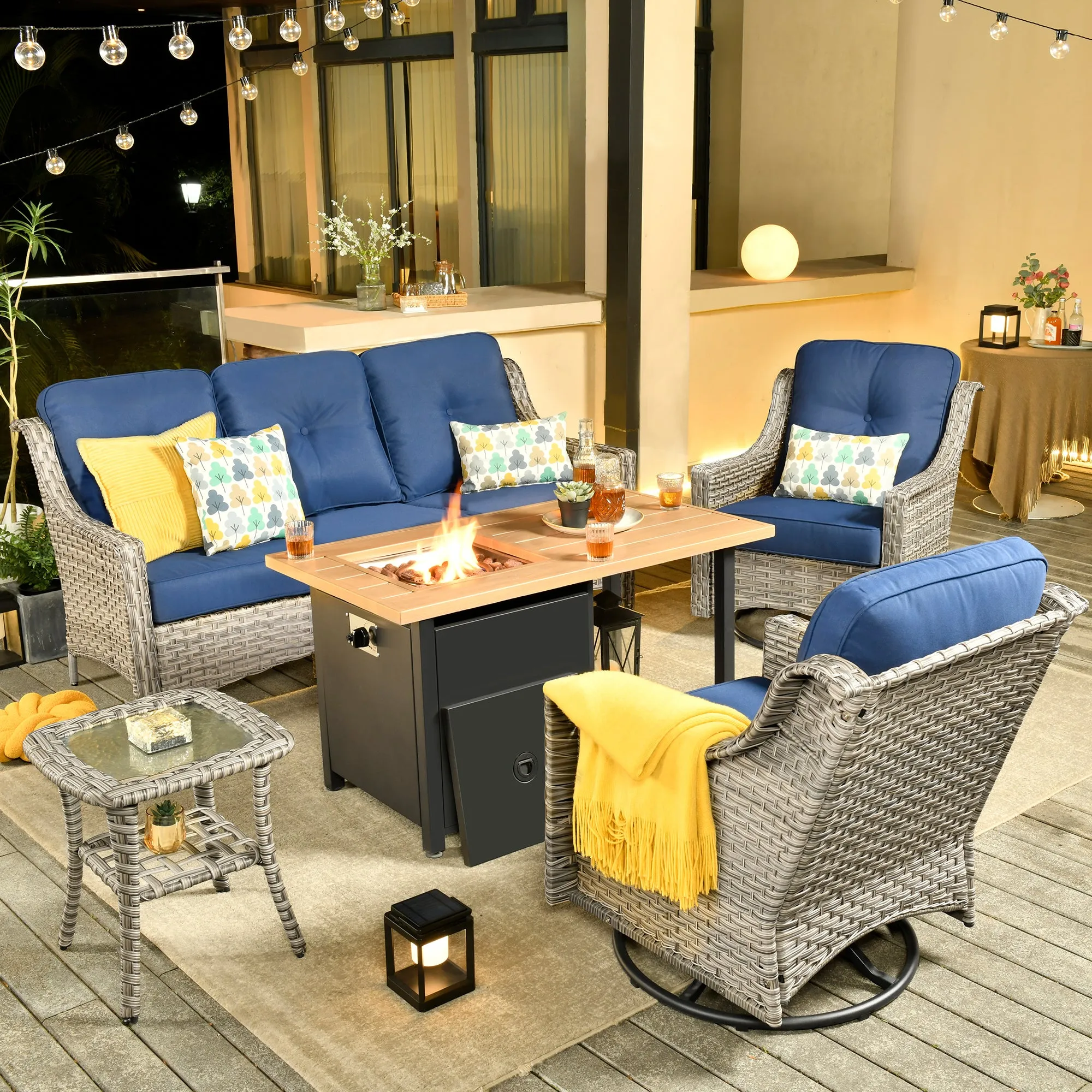 Ovios Conversation Set 5-Piece PAD Series include Rocking Chair & 47"Fire Pit Table