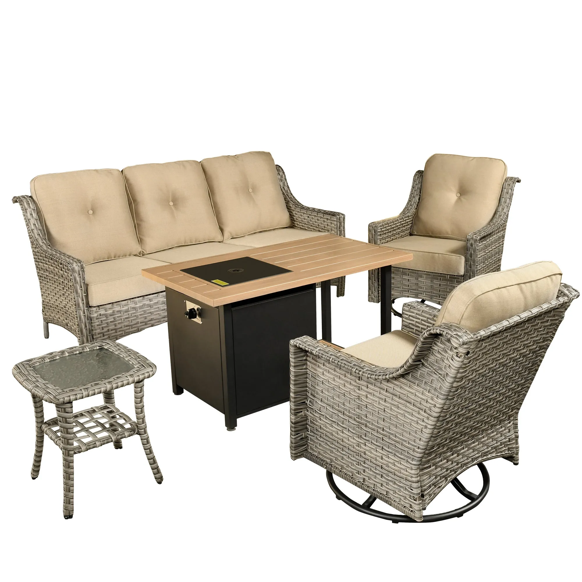 Ovios Conversation Set 5-Piece PAD Series include Rocking Chair & 47"Fire Pit Table