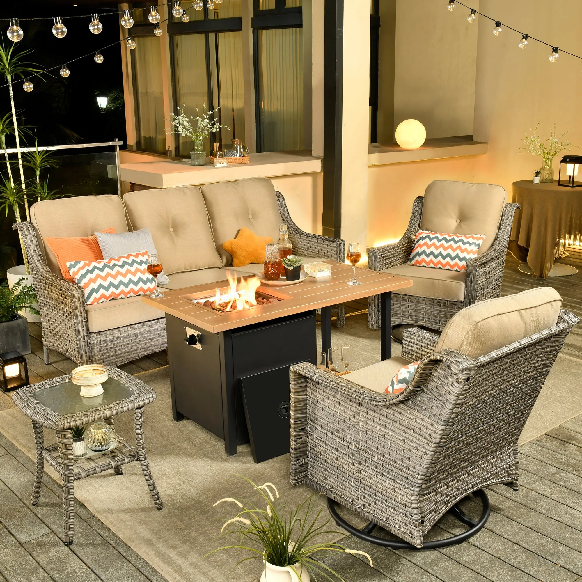 Ovios Conversation Set 5-Piece PAD Series include Rocking Chair & 47"Fire Pit Table